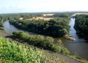 Ganz links unten kommt die Elbe. Darüber liegt die Moldau und der oberste Flußarm ist ein Kanal der Moldau. Im Vordergrund die Weinberge, druch welche die Laufstrecke verlief.