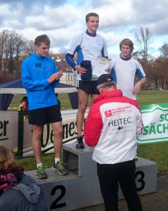 Siegerehrung Kurzstrecke 4km: Stefan Schmidt und Hendrik Jahnke von der Bergakademie auf den Plätzen 1. und 3. John Volkenandt von der TU Dresden sicherte sich den Vizetitel.
