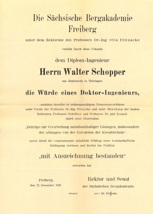 Promotionsurkunde von Walter Schopper