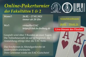 Online-Pokerturnier; 26. und 27.02.2021 20 Uhr im virtuellen EAC; Anmeldung auf EAC-Website vom 20.-23.02-2021