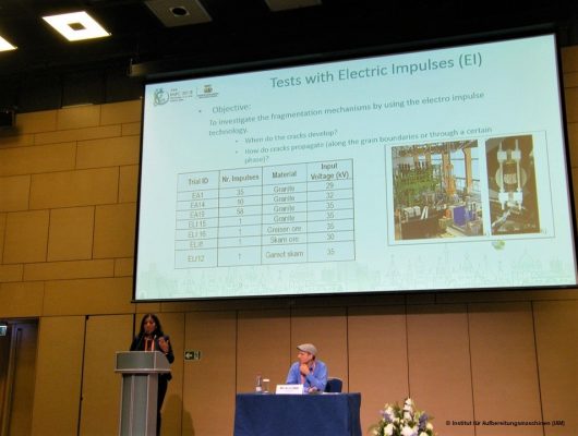Margarita Mezzetti referiert zum Thema „Mikrostrukturelle Untersuchung von komplexen Erzen und deren Aufbereitung mittels elektrischer Impulse“ beim IMPC im Moskau