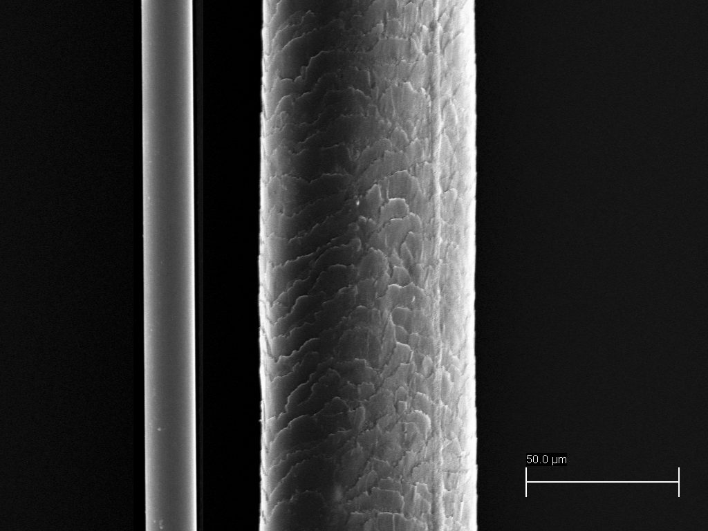 Enlargement of a comparison between a human hair and the thinnest steel wire thread used by Haver & Boecker