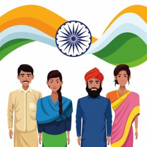 Illustration of 4 Indians, male and female, above the Indian flag