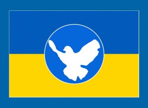 Friedenstaube vor den Farben der Ukraine Blau und Gelb