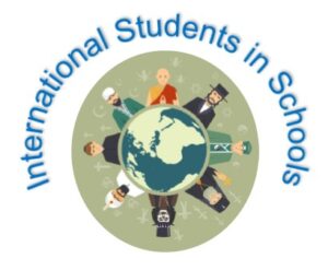 Illustration of 8 representatives of different religions with clothing and symbols, surrounding text: International Students in Schools