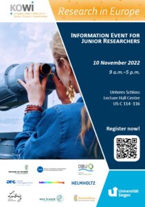 KOWO European Liaison Office of the German Research Organisations, Research in Europe, Information Event for Junior Researchers. 10 November 2022. 9 a.m. - 5 p.m. Unteres Schloss, Lecture Hall Centre, US-C 114-116, Register now! Universität Siegen, several institutional logos