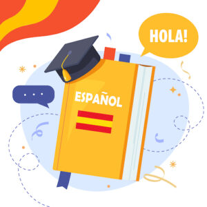 Illustration: Ein Buch mit dem Titel Español und eine Sprechblase mit der Beschriftung HOLA! Dazu schmückende Effekte und Teile einer spanischen Flagge