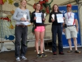 Siegerehrung Gesamtwertung Koberbachtal-Triathlon, v.l.n.r.: 3. Kristin Mann (Schrittmacher Leipzig), 1. Theres Mellenthin (Triathlon-Club Leipzig) und 2. Lisa Voigt (Laufteam TU Bergakademie Freiberg)